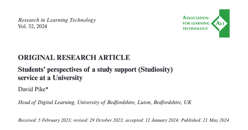What are students’ perspectives of Studiosity according to ALT peer research?